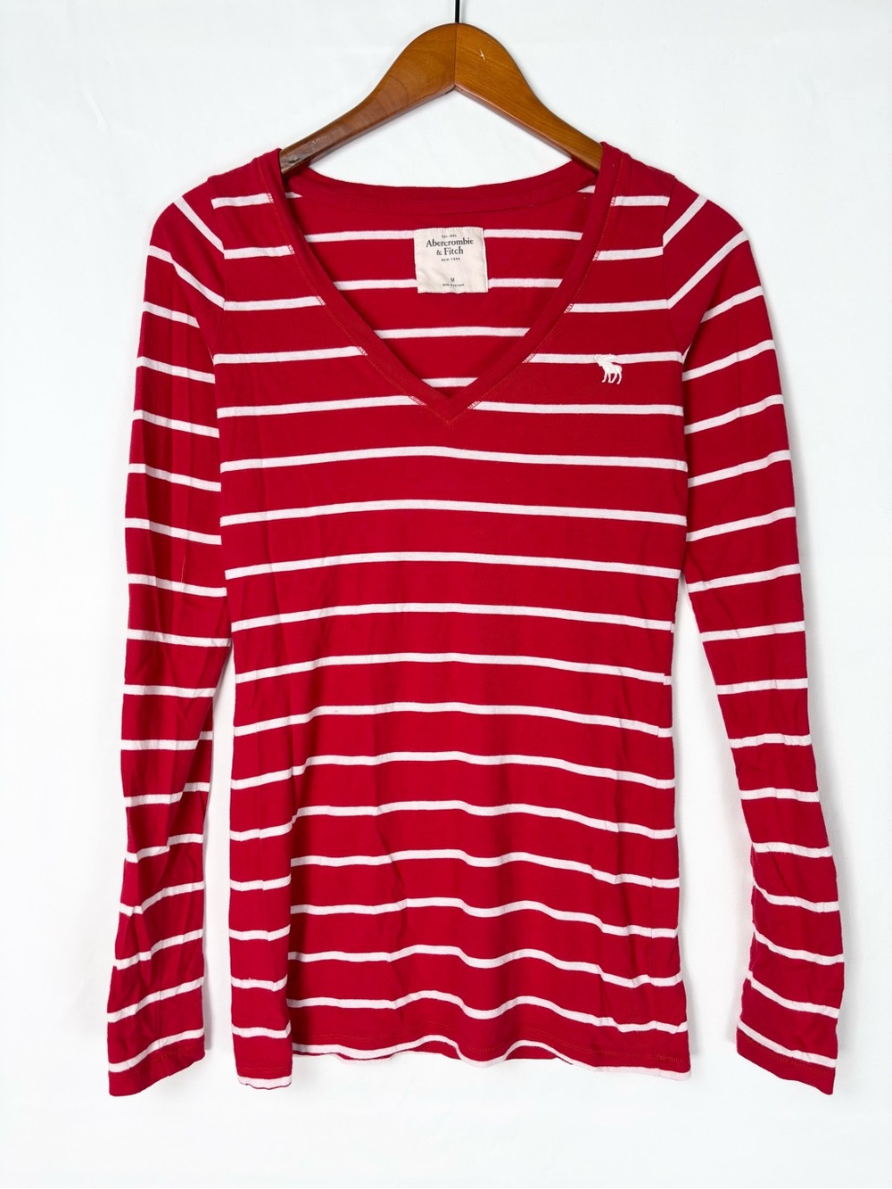 Y2K Abercrombie and Fitch‎ Stripe V Neck Long Sleeve Top Embroidered Size M Red